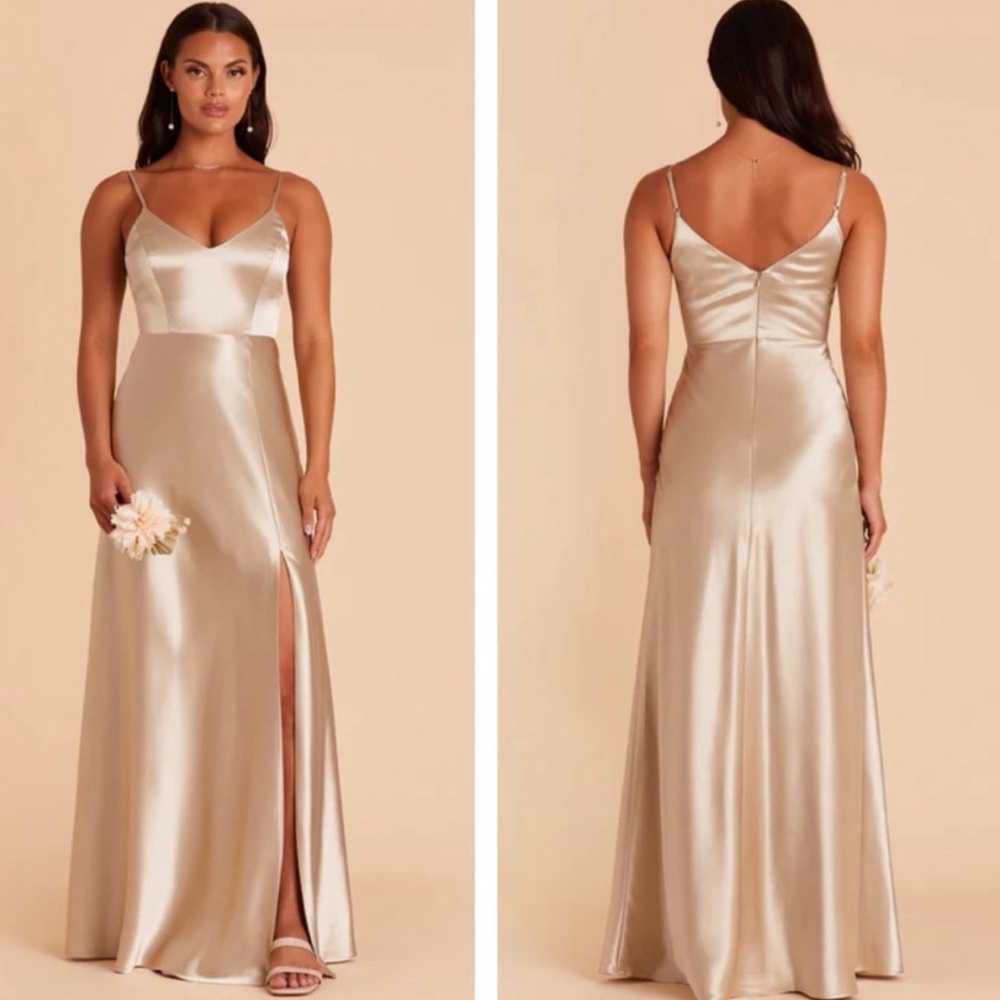 Birdy Grey Satin Champagne Spaghetti-Strap Bridesmaid Dress-HEMMED